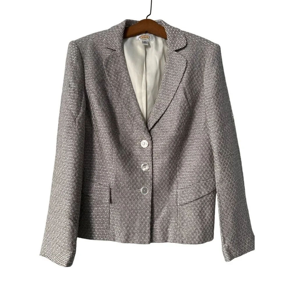 Talbots Tweed Blazer Jacket Womens 10 Black Ivory Rayon Blend Career Office